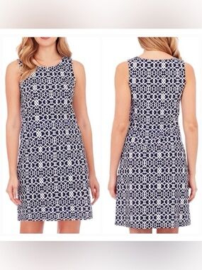 JUDE CONNALLY Beth Dress Blue and White Geometric Print Size Large